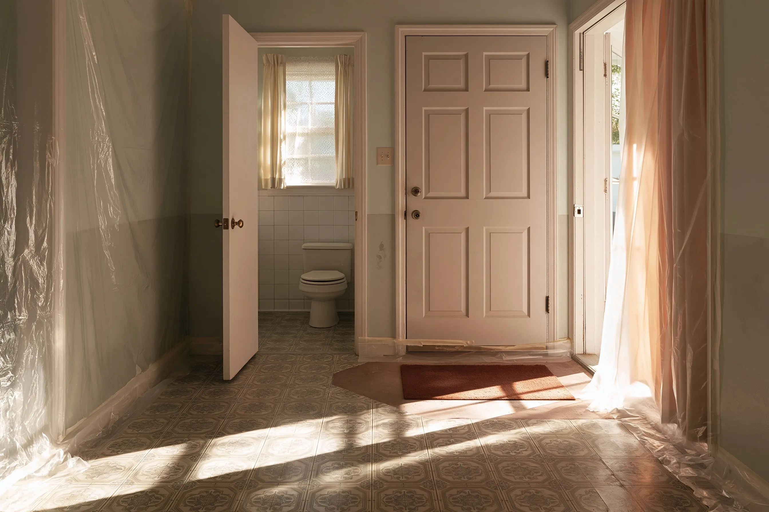 Entry hall of a 1960s house with old sheet vinyl cut back and plastic taped around, half bath door open