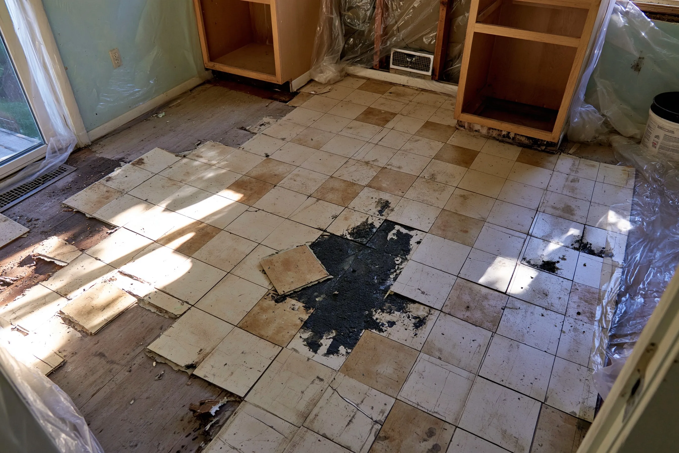 Kitchen floor with old square tiles partly lifted to show black adhesive, empty base cabinets and plastic sheeting along the walls